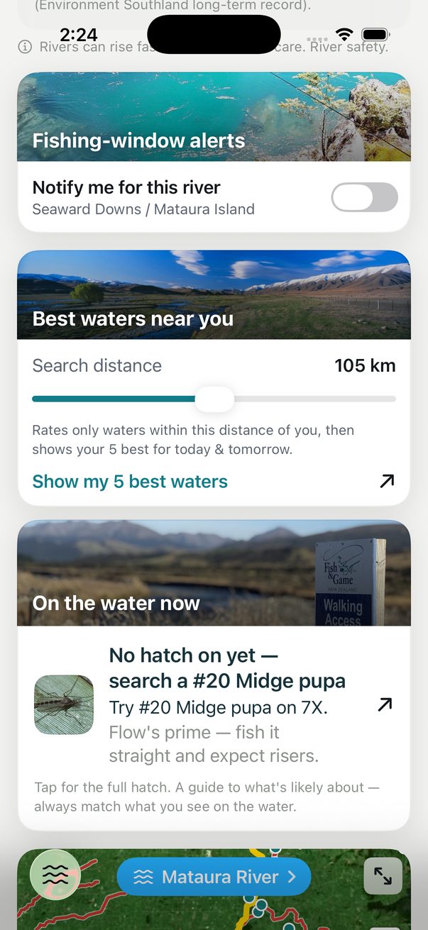 Fishing-window alerts with a notify toggle for Seaward Downs / Mataura Island, a Best waters near you card with a 105 km search distance and a "Show my 5 best waters" link, and an On the water now card reading "No hatch on yet — search a #20 Midge pupa".
