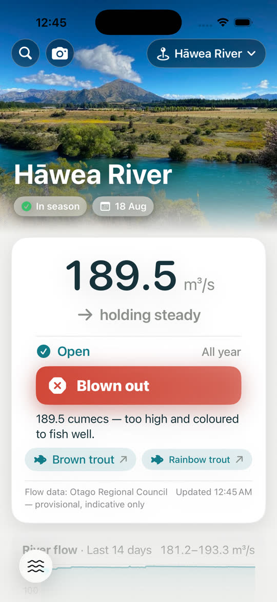 The Hāwea River screen: 189.5 cumecs, holding steady, flagged "Blown out — too high and coloured to fish well", with brown and rainbow trout listed and a 14-day flow chart below.