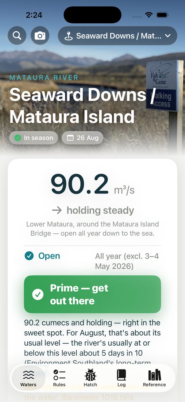 The lower Mataura at Seaward Downs / Mataura Island: 90.2 cumecs, holding steady, open all year, with a green banner reading "Prime — get out there" and an explanation that for August the river is at or below this level about 5 days in 10.