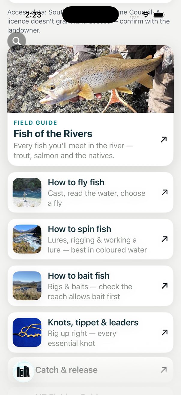 The reference section: a Fish of the Rivers field guide card showing a brown trout, then How to fly fish, How to spin fish, How to bait fish, Knots tippet and leaders, and Catch and release.